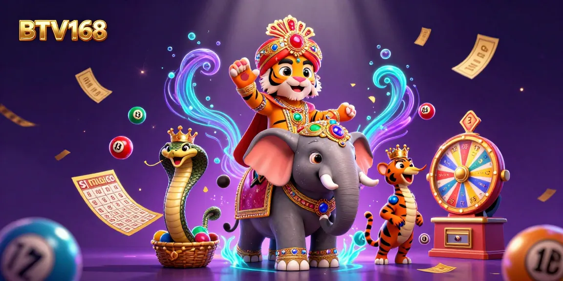 BTV168 features vibrant lottery symbols with a colorful 3D tiger-themed casino scene.