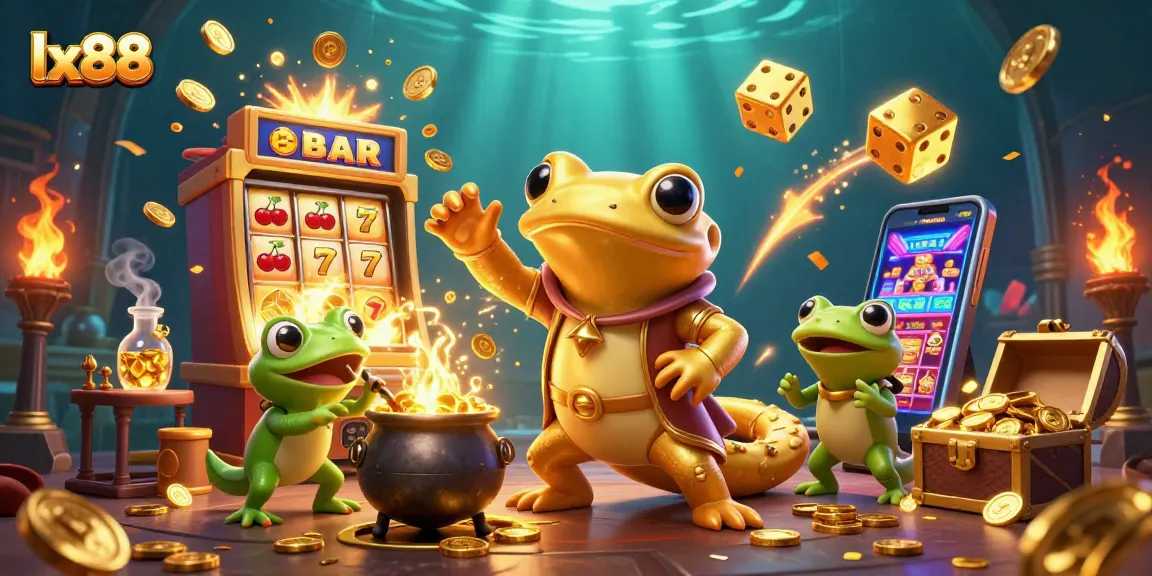 Experience exciting gaming with lx88, featuring a golden salamander alchemist and vibrant casino elements.