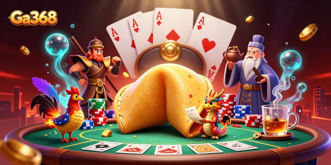 Ga368 engages in thrilling cockfighting with a dragon reading fortunes amidst golden spills and poker elements.