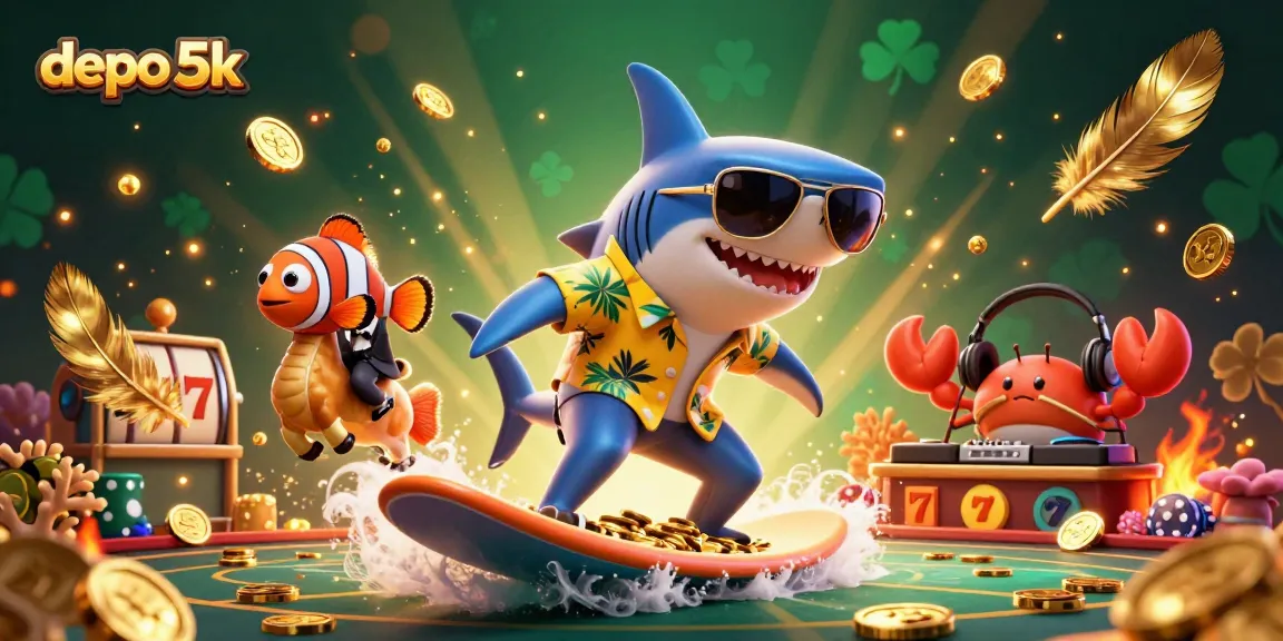 Experience thrilling wins playing depo 5k slots alongside a shark and seahorse in a dynamic casino scene.