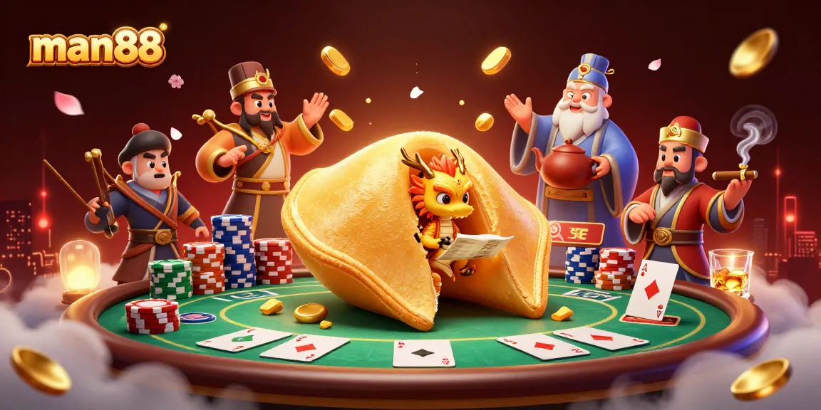 man88 showcases an exciting poker scene with dragon and fortune cookie elements, enhancing the gaming experience.