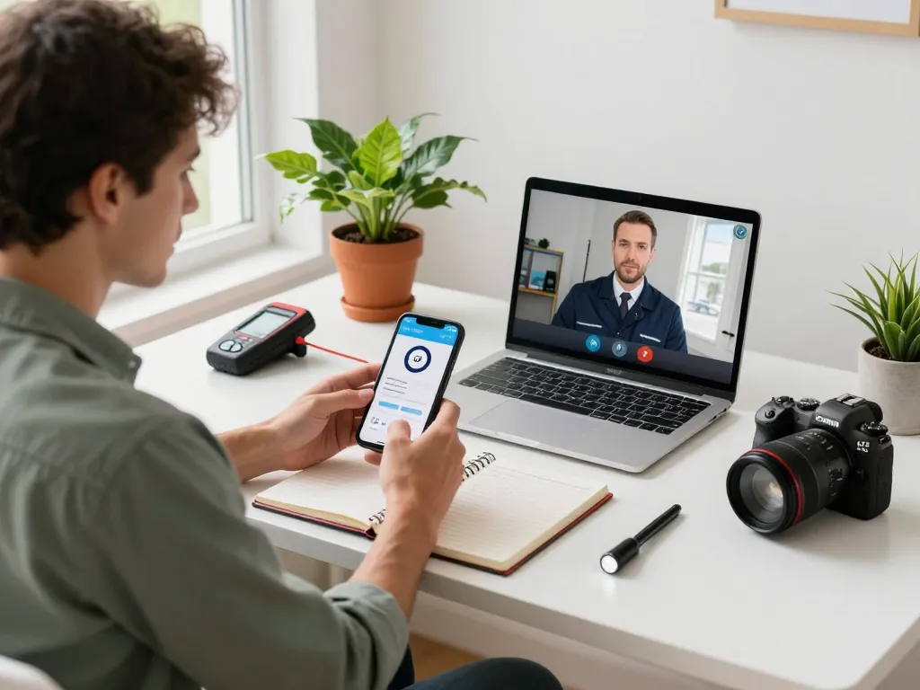 Rideshare driver using Lyft inspection online service in a home office setup with vehicle maintenance tools.
