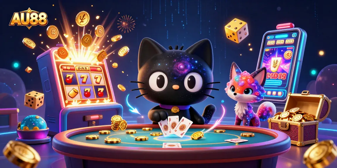 Engage with AU88's casino excitement as the whimsical black hole cat spins winning slots.