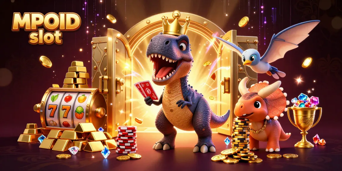 Experience the thrill of MPOID slot with this vibrant casino-themed illustration featuring dinosaurs.