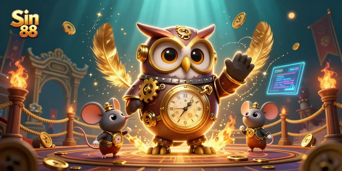 Engage with Sin 88's vibrant casino atmosphere, featuring a steampunk owl, coins, and immersive game elements.