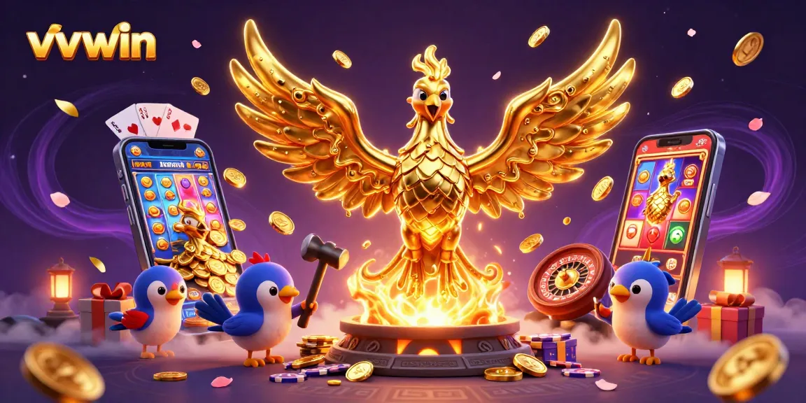Experience the thrill of vvvwin with a golden phoenix amidst vibrant casino elements bursting with excitement.
