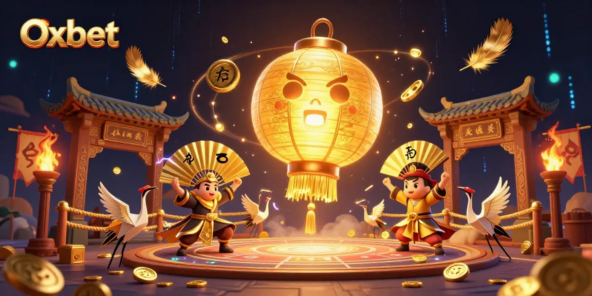 Experience the magic of Oxbet with a vivid 3D illustration showcasing a glowing lantern spirit and warriors amidst exciting casino elements.