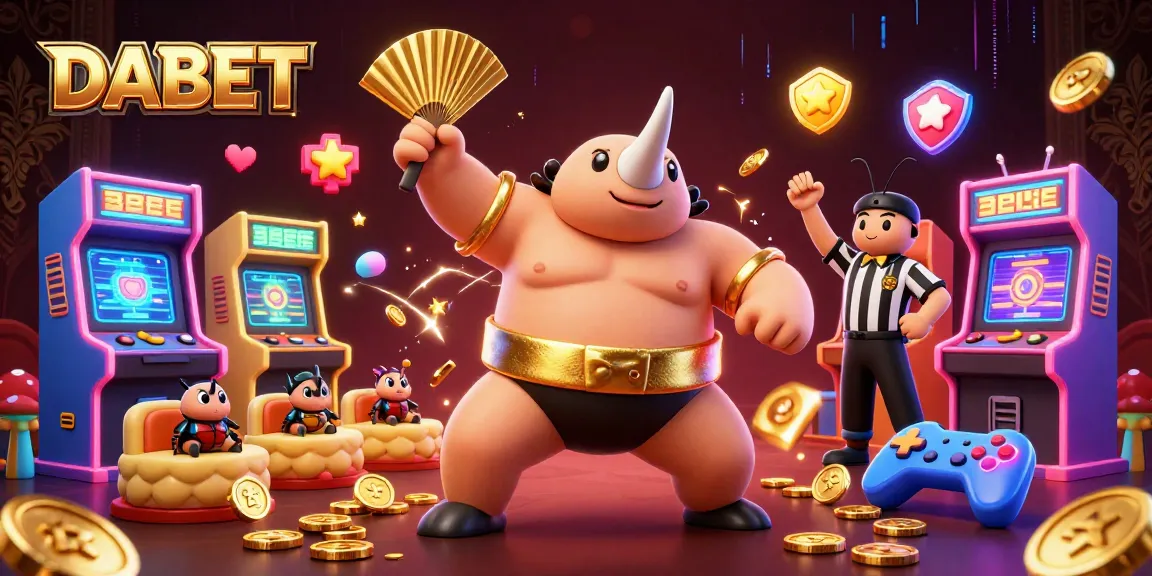 DABET displays exciting gameplay with a beetle sumo champion amid flying coins and arcade machines.