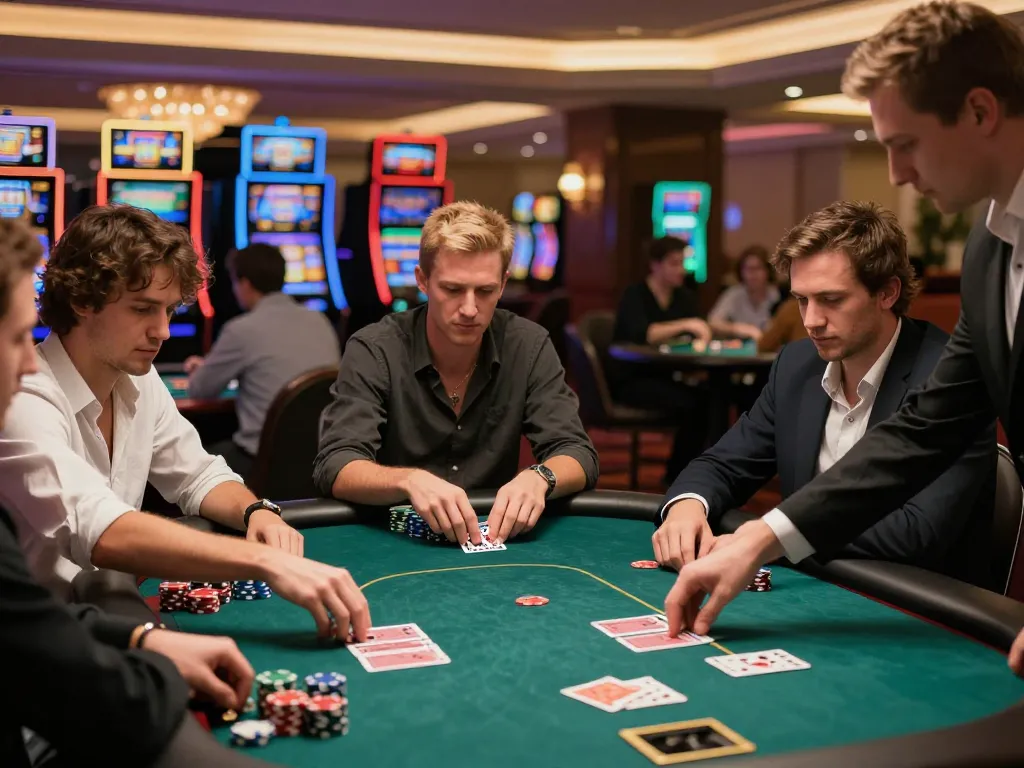 Experience high-stakes poker at xx88's vibrant casino atmosphere with enthusiastic players and shuffling cards.