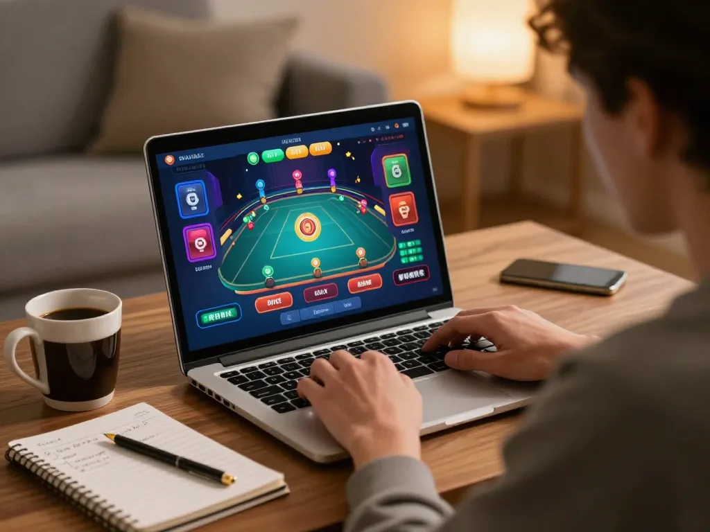 Player strategizing on 888b casino games at home with laptop and notes.