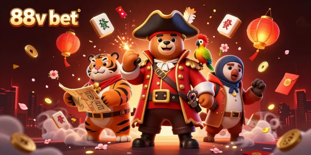 Engage with the vibrant 88v bet casino scene featuring a pirate captain bear and tiger amidst gaming elements.