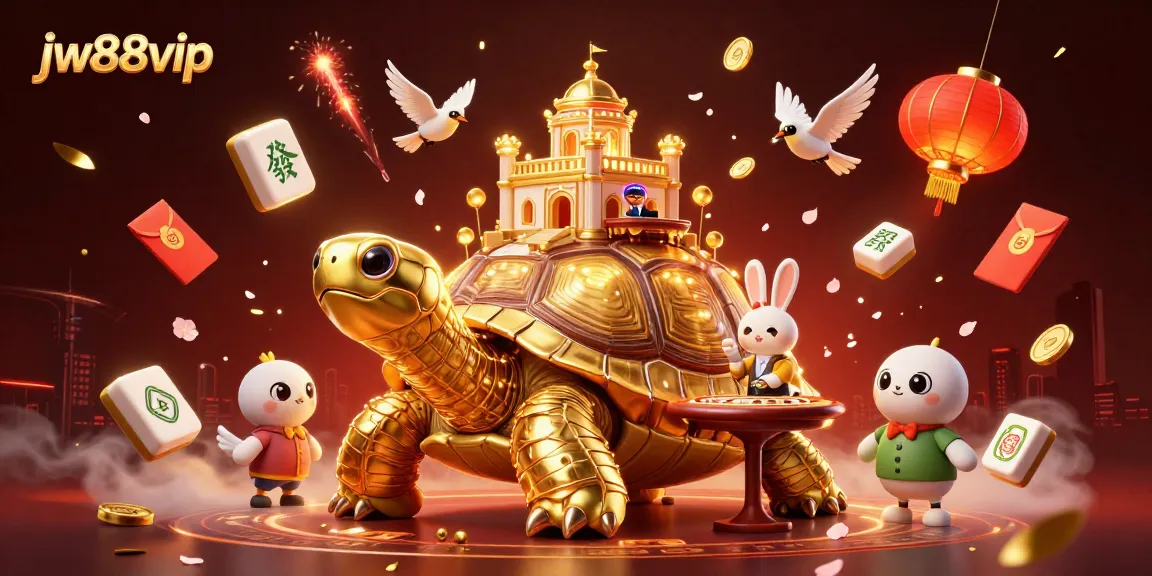 Engage with jw88vip in a vibrant 3D cartoon casino world showcasing golden tortoise, rabbit dealer, and flying coins.