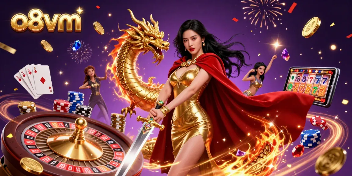 Spin and win at o8vm with golden coins, vibrant slot reels, and magical energy in a vibrant casino scene.