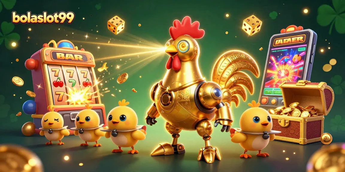 Bolaslot99 features a vibrant 3D golden rooster robot amidst exploding slot machines and casino elements.