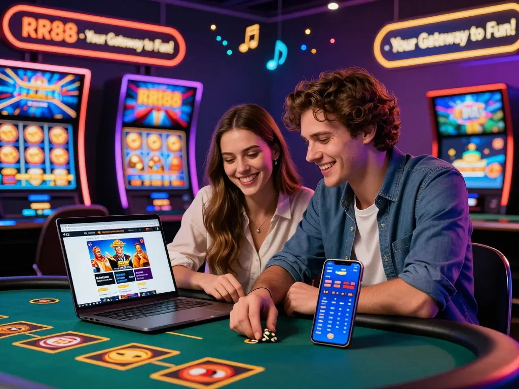Exciting gaming scene on trang chủ rr88 showcasing a couple enjoying vibrant online casino games with dynamic graphics and cheerful atmosphere.