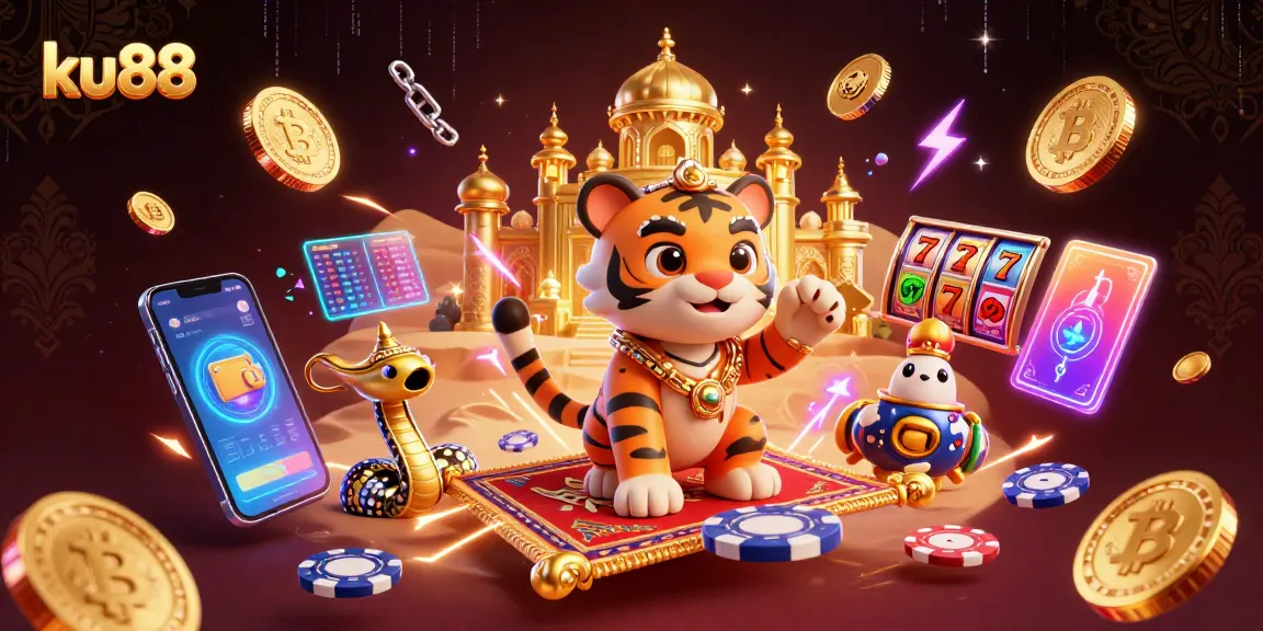 Experience the thrill of ku88 with a vibrant scene featuring a tiger sultan, poker chips, and crypto elements.