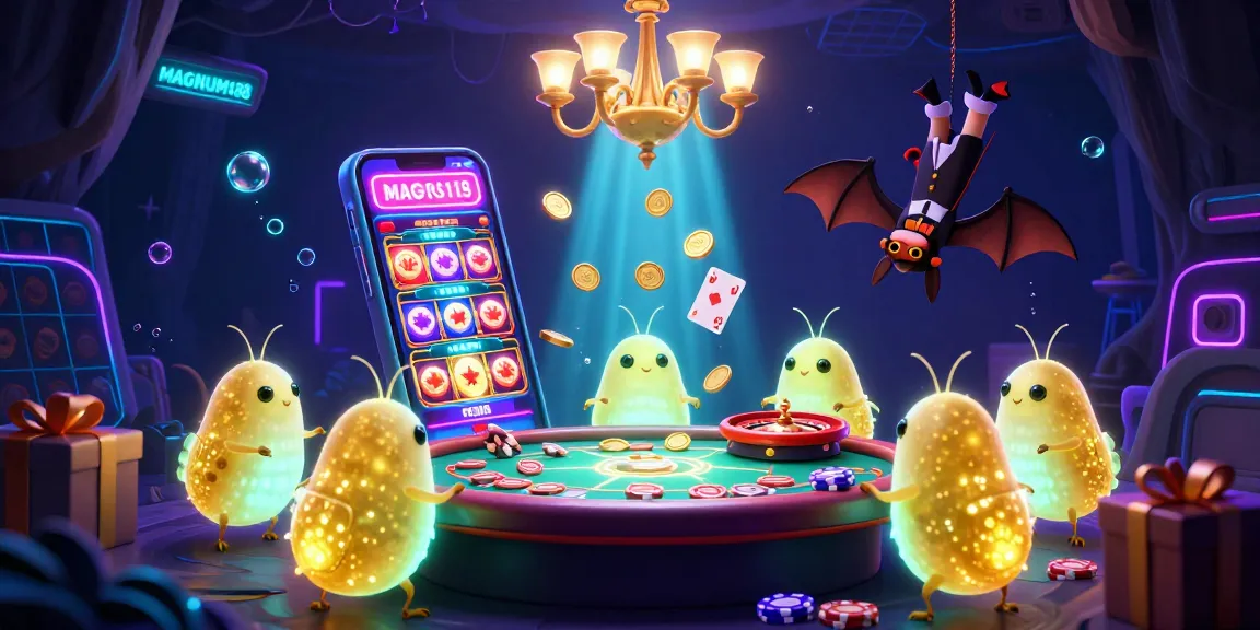 Experience vibrant gaming adventures with MAGNUM188's interactive casino scene featuring glowworms and engaging slot games.