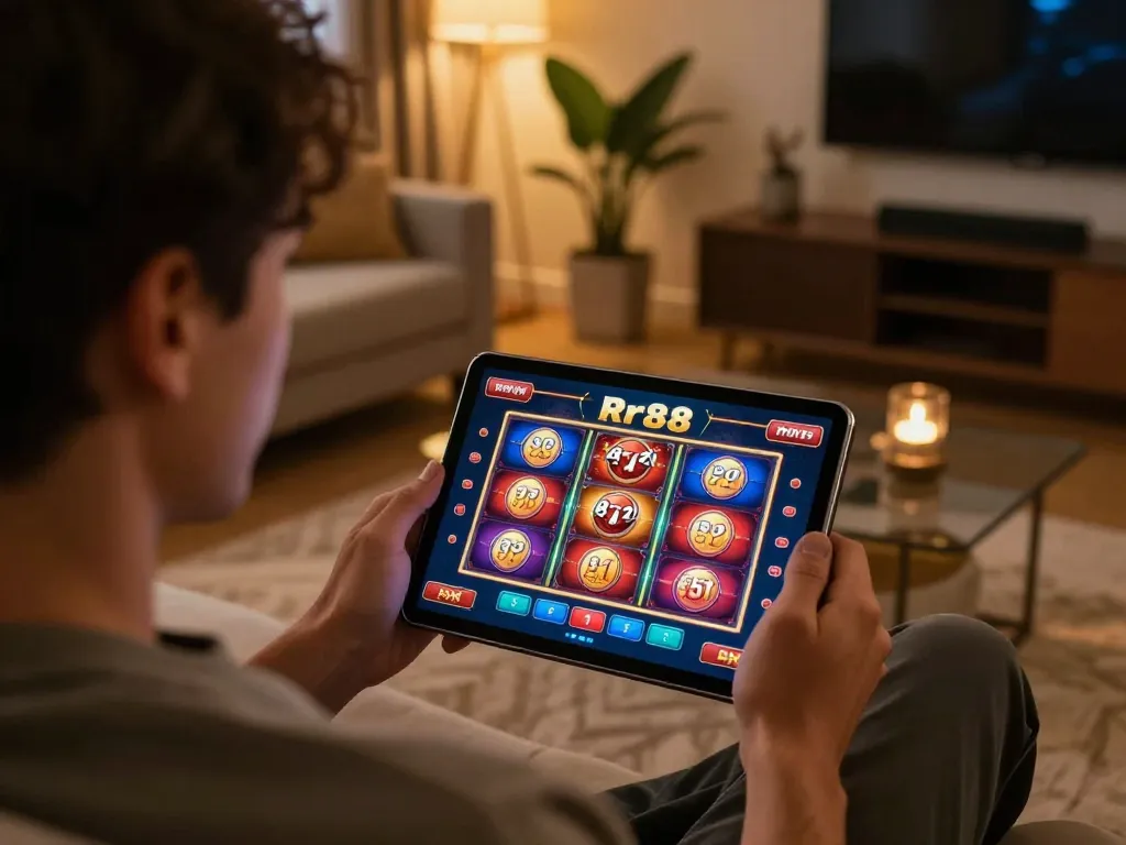 Player actively engaging with rr88 online slot games, showcasing vibrant interface in cozy home setting