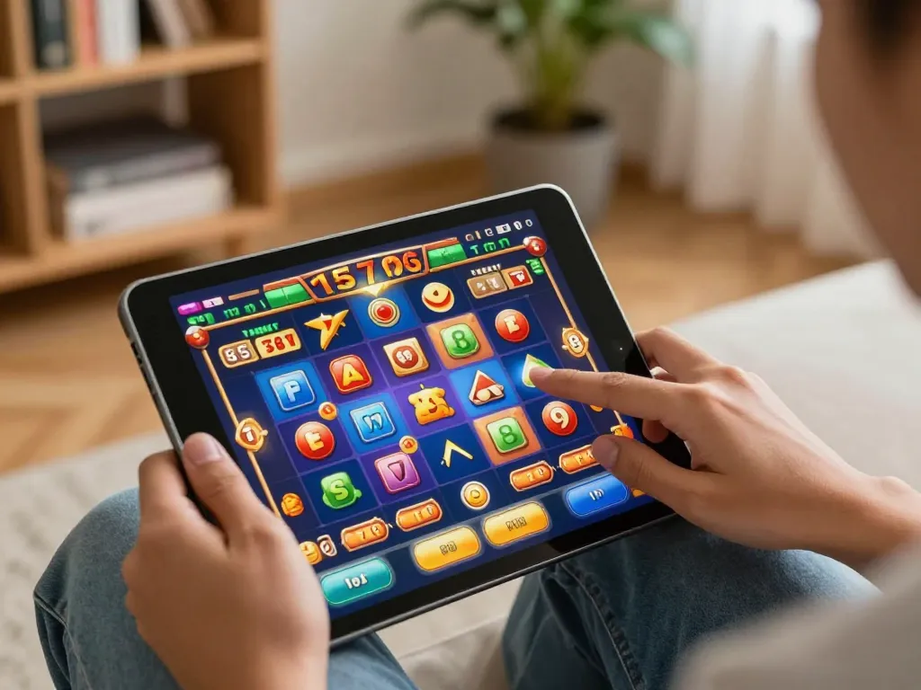 Engaged player spinning reels on jus77 online slots in cozy home setting.