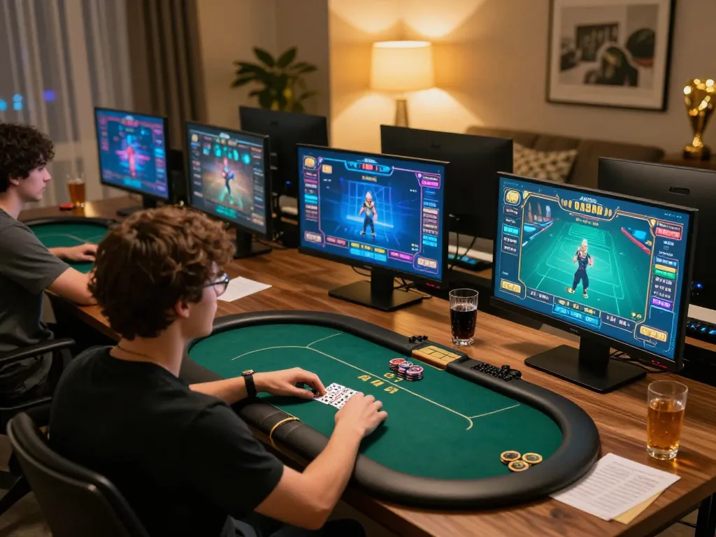 Enjoying an online poker session on luck8com with multiple game displays and cozy ambiance