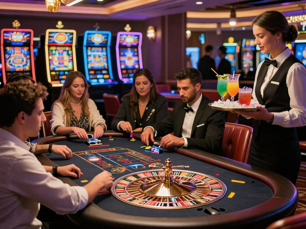 Giocatori in un casinò non AAMS sicuri intento alla roulette, con un'atmosfera vivace e cocktail colorati.
