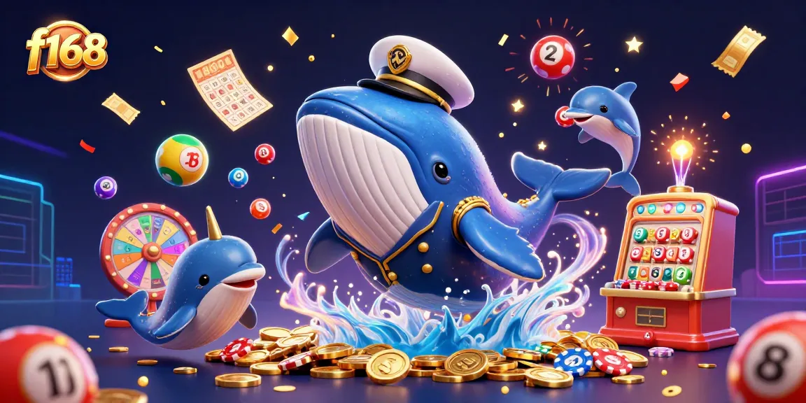 Experience thrilling f168 adventures with playful dolphins and a grand whale in a vibrant casino scene.