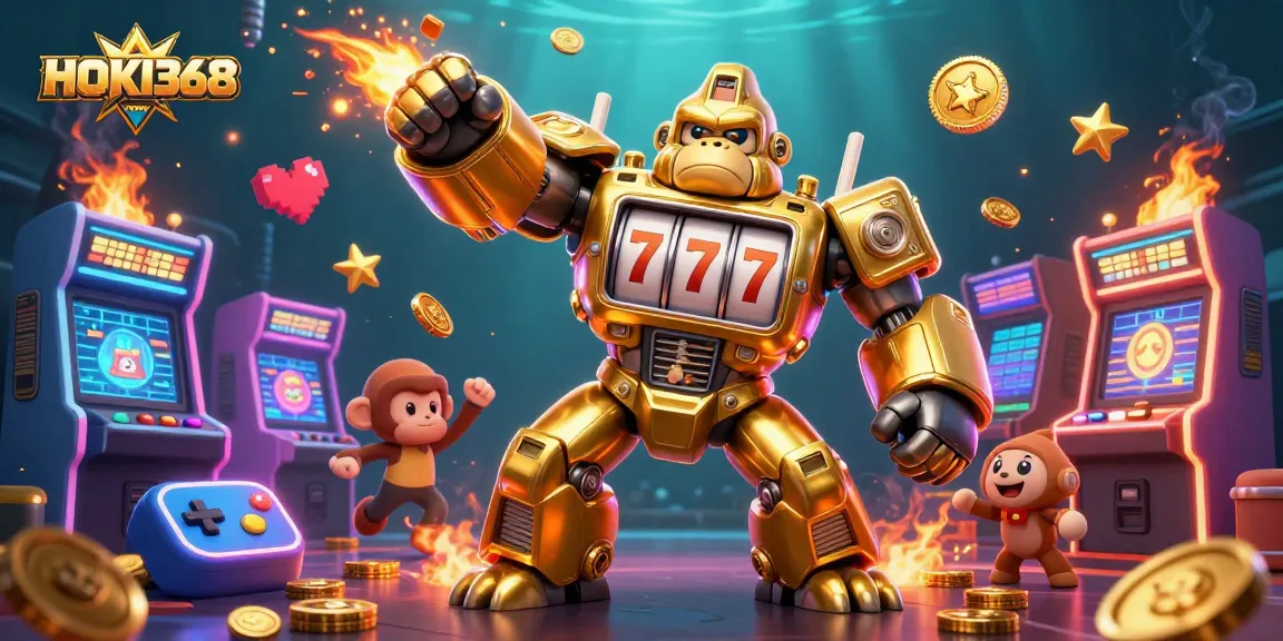 Experience HOKI368 with an energetic 3D casino scene featuring a golden gorilla mech and vibrant game elements.