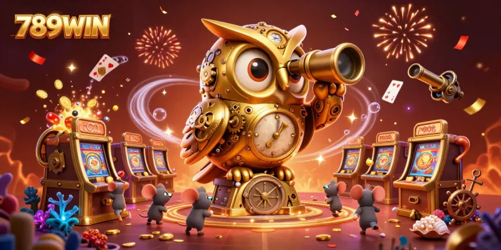 A dynamic 3D illustration of 789WIN's immersive casino environment featuring a golden owl and wind-up mice enjoying slot machines.