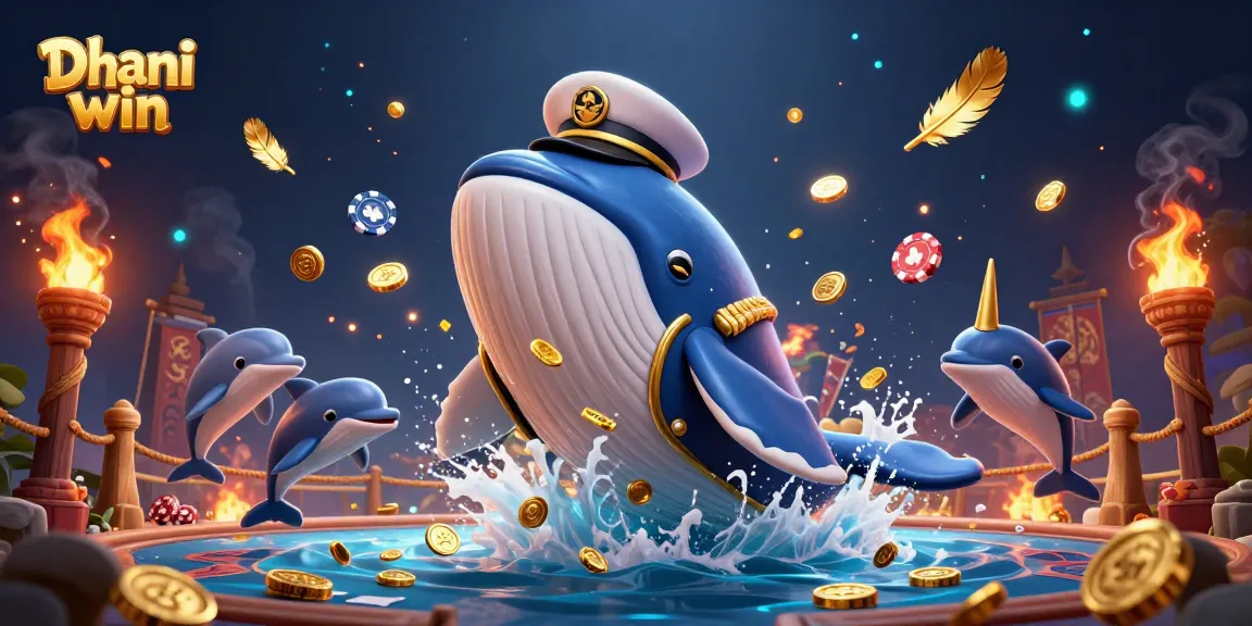 Dive into Dhani win's vibrant games with a 3D whale, narwhal, and dolphins amidst gold and excitement.