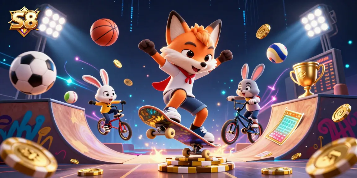 Engage with S8 using thrilling sports betting, featuring skateboarder fox and BMX rabbit.