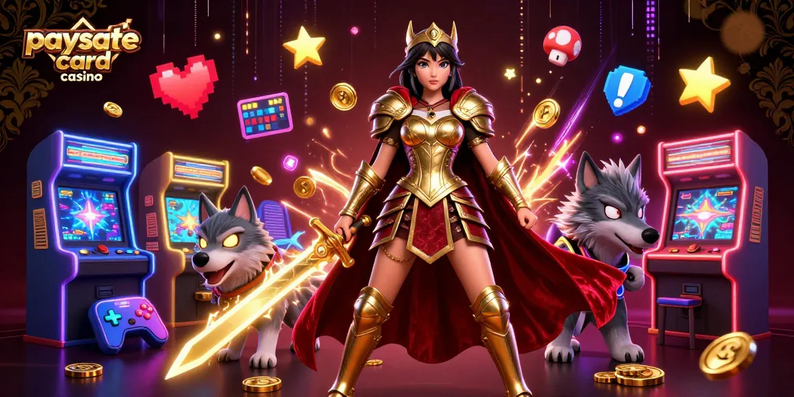 Ansprechende Szene einer Kriegerkönigin und eines Wolfes in einem Paysafe Card Casino, das lebendige Spielhallen präsentiert.