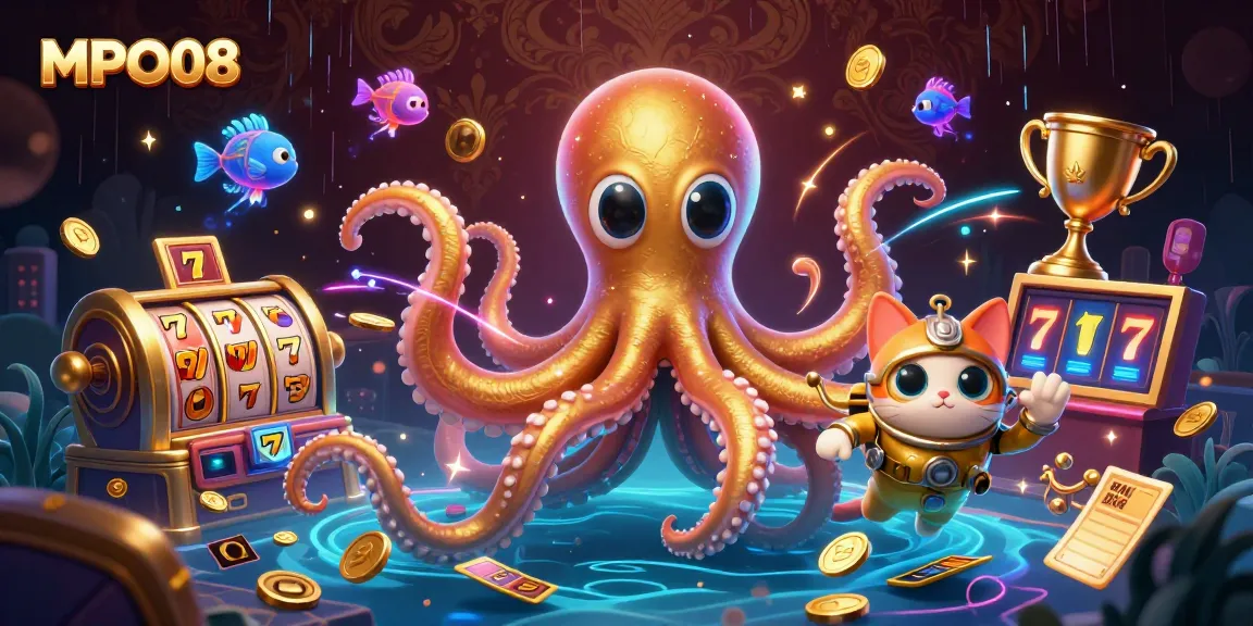MPO08 brings excitement with a 3D illustration of a kraken, diving cat, and slot elements, showcasing online casino fun.