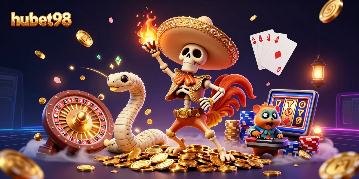 Celebrate winning moments at hubet98 with a lively 3D illustration of a mariachi rooster and casino elements.