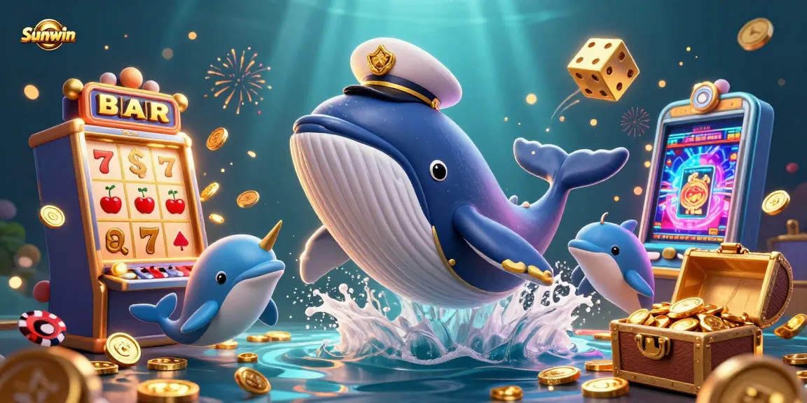 Play casino games with Sunwin's vibrant 3D illustration of whales and poker chips.