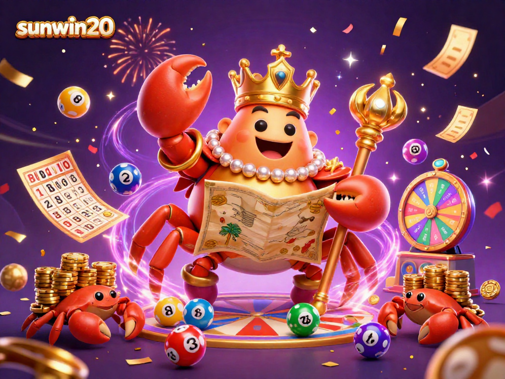 Experience the excitement at sunwin20 with a golden emperor crab and lottery elements in a vibrant casino scene.