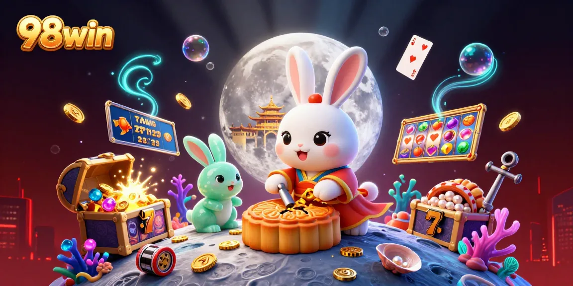 Join the fun with 98win, exploring vibrant slot symbols and poker chips in an exciting 3D casino scene.