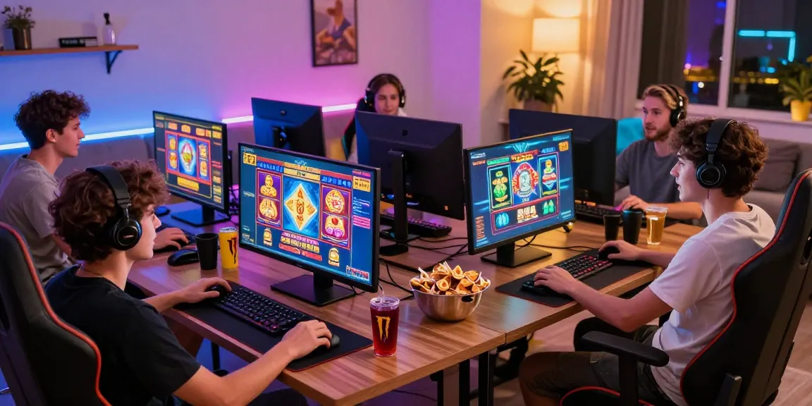 Exciting online gaming moment showcasing depo pulsa 10k tanpa potongan experience, players engaged in colorful slots with ambient lighting and snacks.