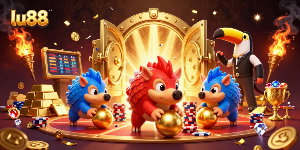 lu88 pangolins bowling golden balls amidst poker chips, showcasing a vibrant casino scene