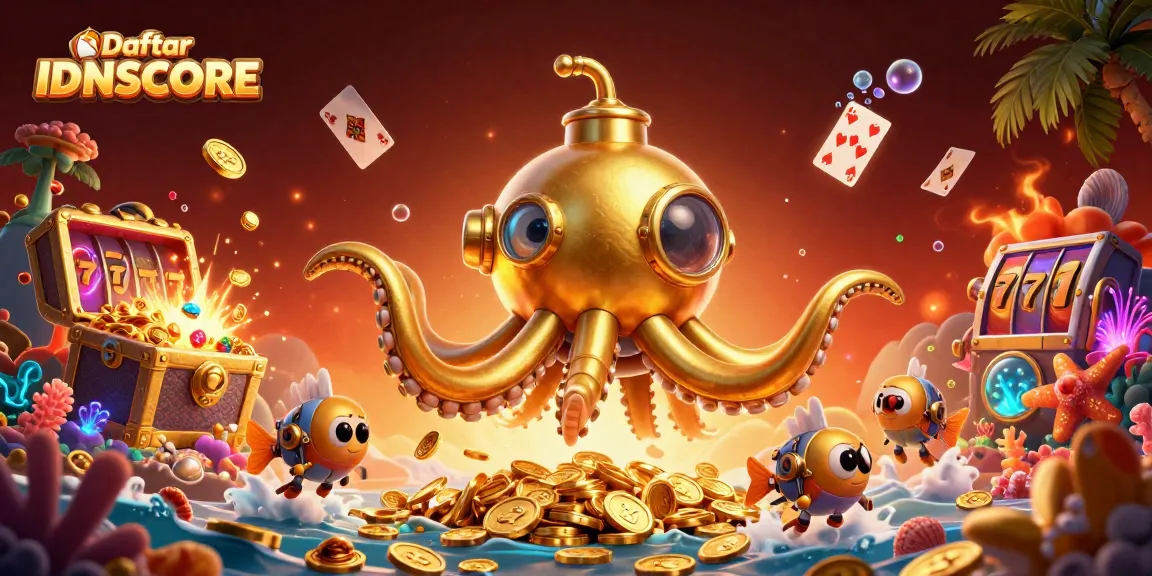 Spin and win with Daftar IDNSCORE featuring a kraken submarine amidst golden casino treasures.