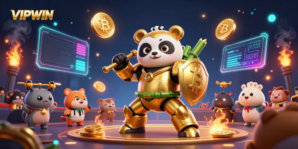 VIPWIN engages players with an action-packed arena featuring a golden panda robot surrounded by dynamic crypto elements.