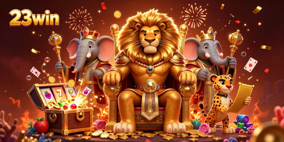 Experience the thrill of 23win with a vibrant illustration of casino elements and celebratory themes.
