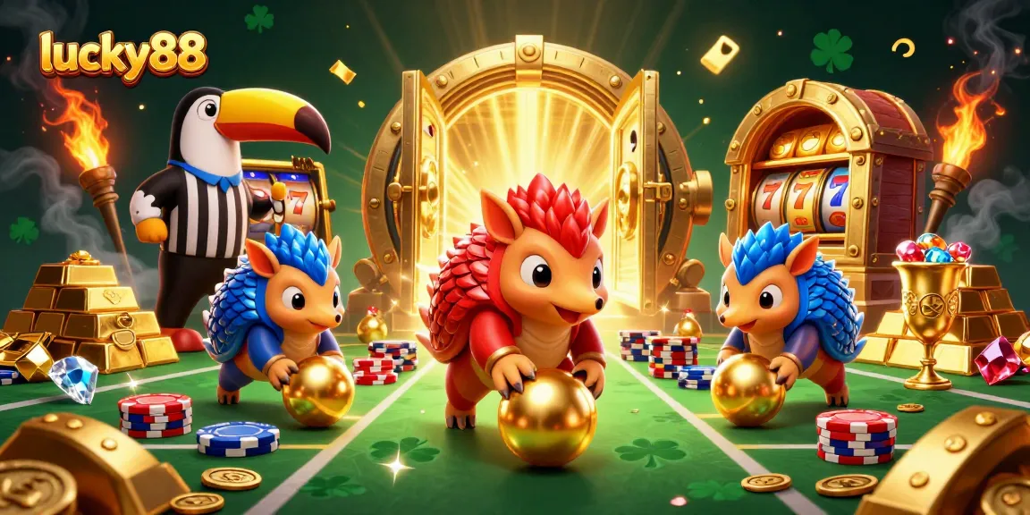 Roll with lucky88: Rival pangolins bowling through poker chips in vibrant casino scene.
