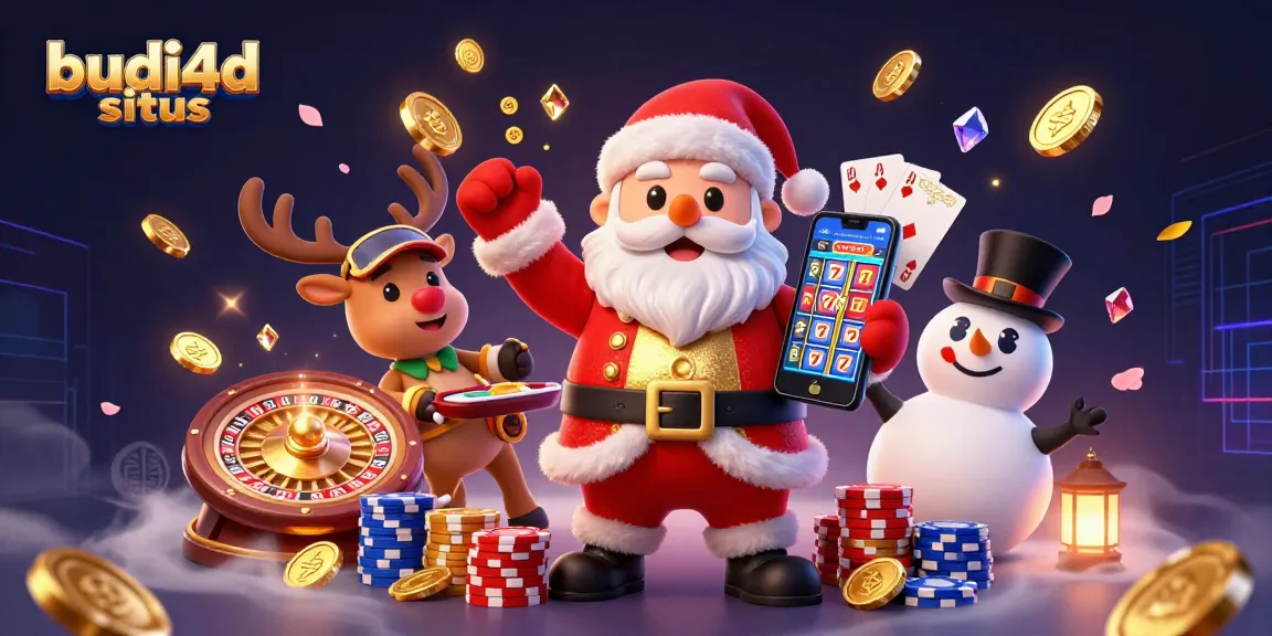 Experience fun at budi4d situs with Santa and friends celebrating jackpots among colorful casino elements.