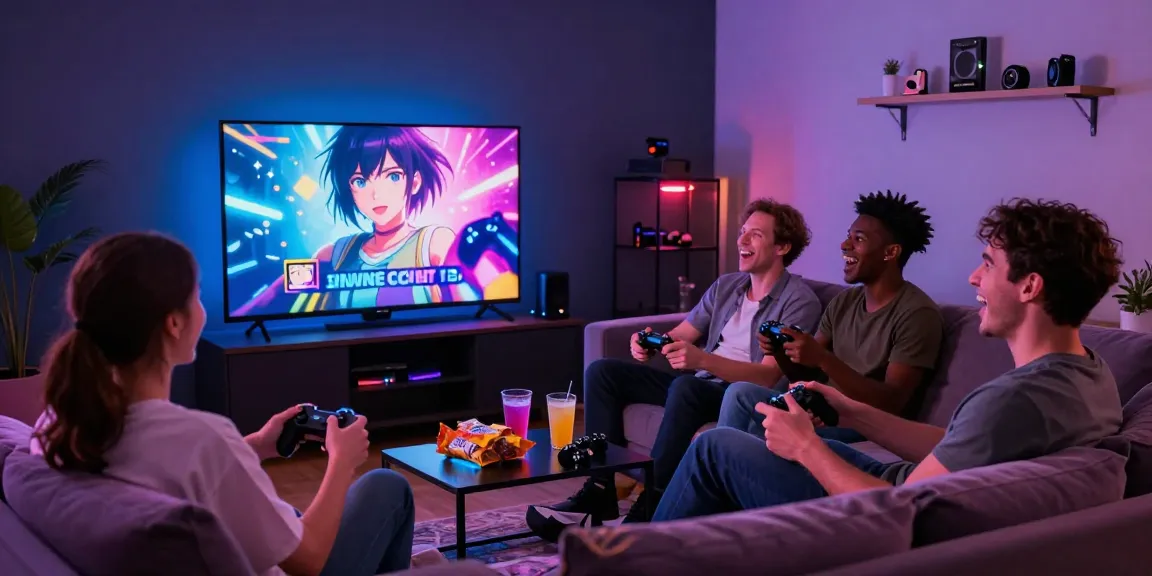 Engaged group enjoying hentai games in a lively home gaming setting.