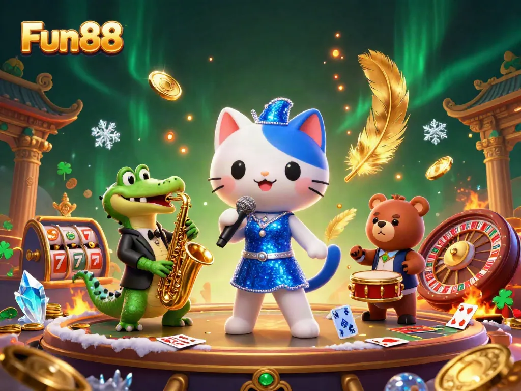 Engage with Fun88 through a vibrant casino-themed illustration featuring jazzy characters and gaming elements.
