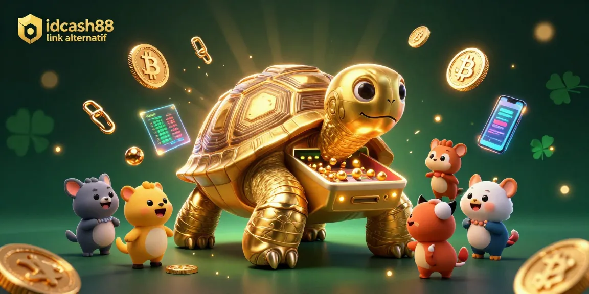 Exciting scene at idcash88 link alternatif, showcasing a colossal tortoise pinball machine surrounded by vibrant crypto coins.