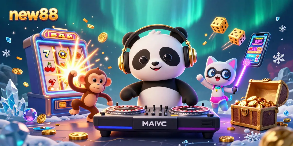 Experience the excitement of new88 with a vibrant scene showcasing a DJ panda, dancing monkey, and glowing kitten.