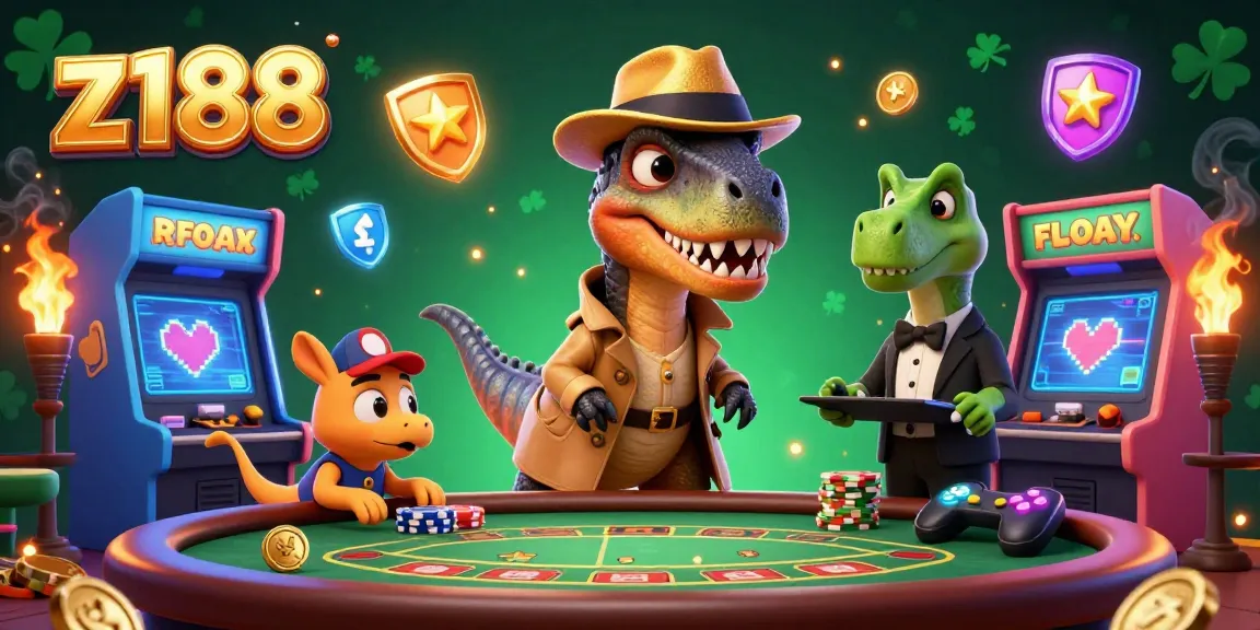 Z188 features a playful velociraptor card counter in action at a blackjack table, blending gaming and fun.