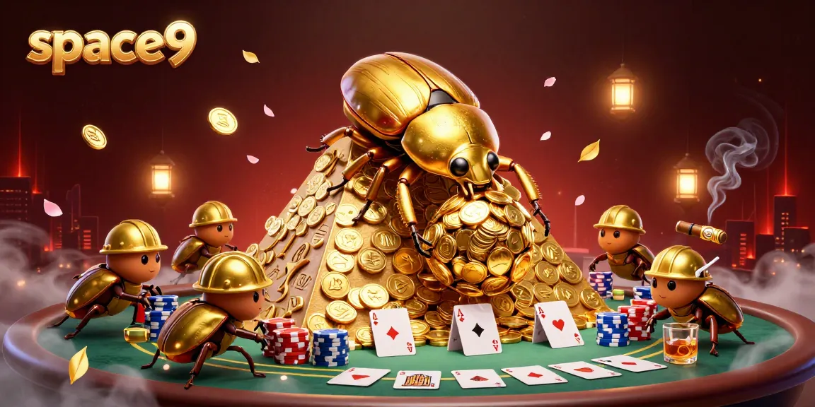 Experience thrilling gameplay with Space9 Casino's unique casino elements, from poker chips to golden coin pyramids.
