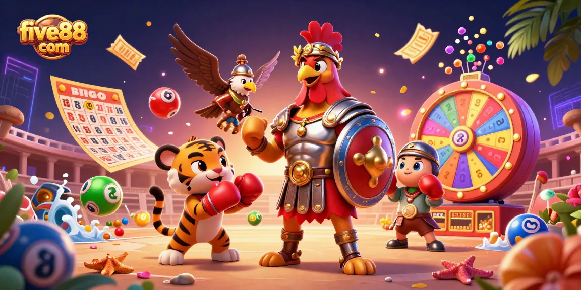 Experience thrilling lottery fun with five88 com in a vibrant 3D casino scene.